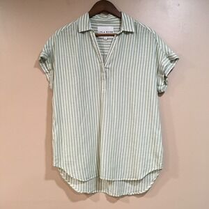 Lola River Linen Lyocell Collared Blouse Womens M Green White Stripe Coastal